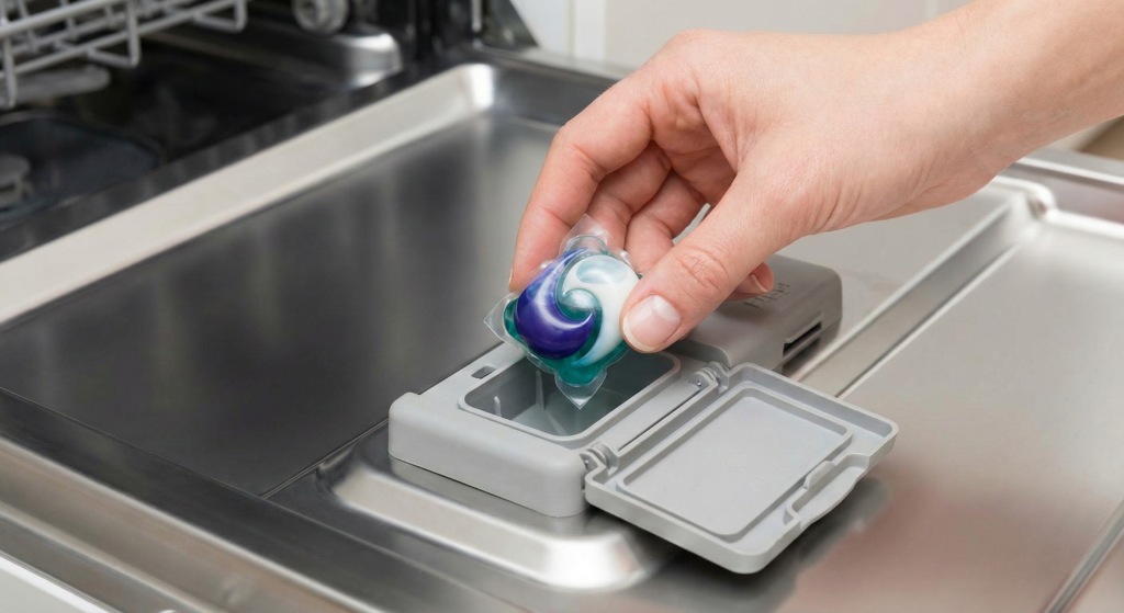 Properly inserting a dishwasher pod into a dry detergent dispenser.