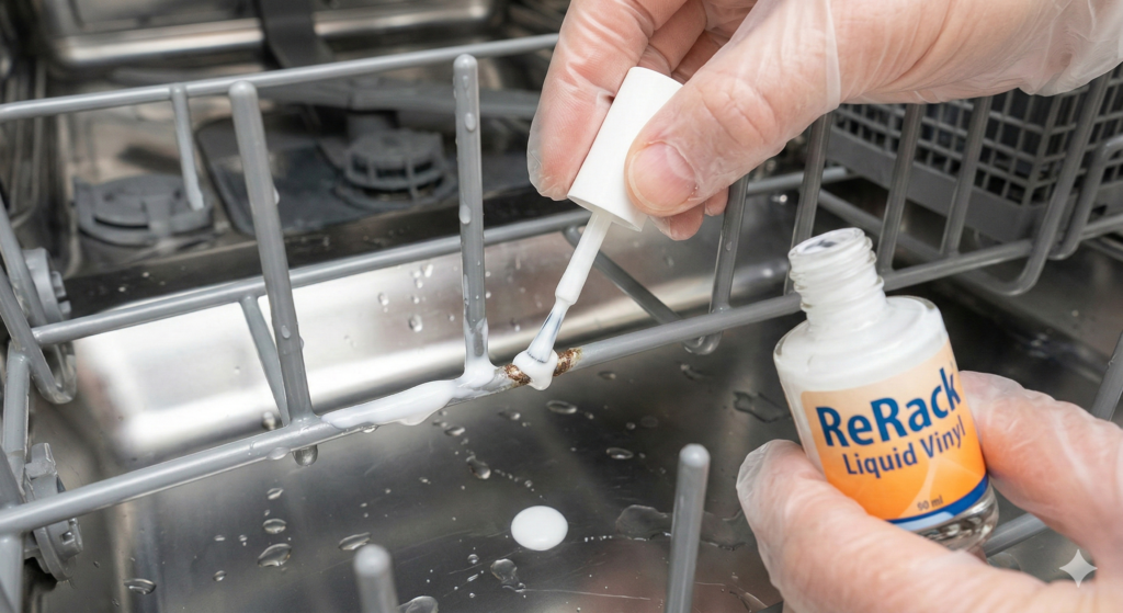 Applying ReRack liquid vinyl coating to repair a rusted dishwasher rack.
