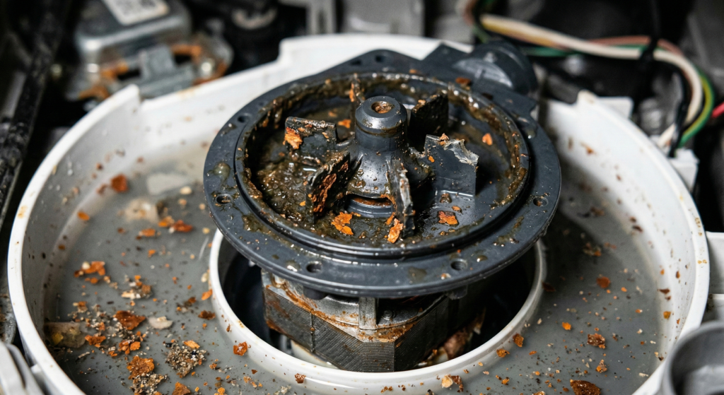 Dishwasher drain pump impeller damaged by rust flakes and debris.