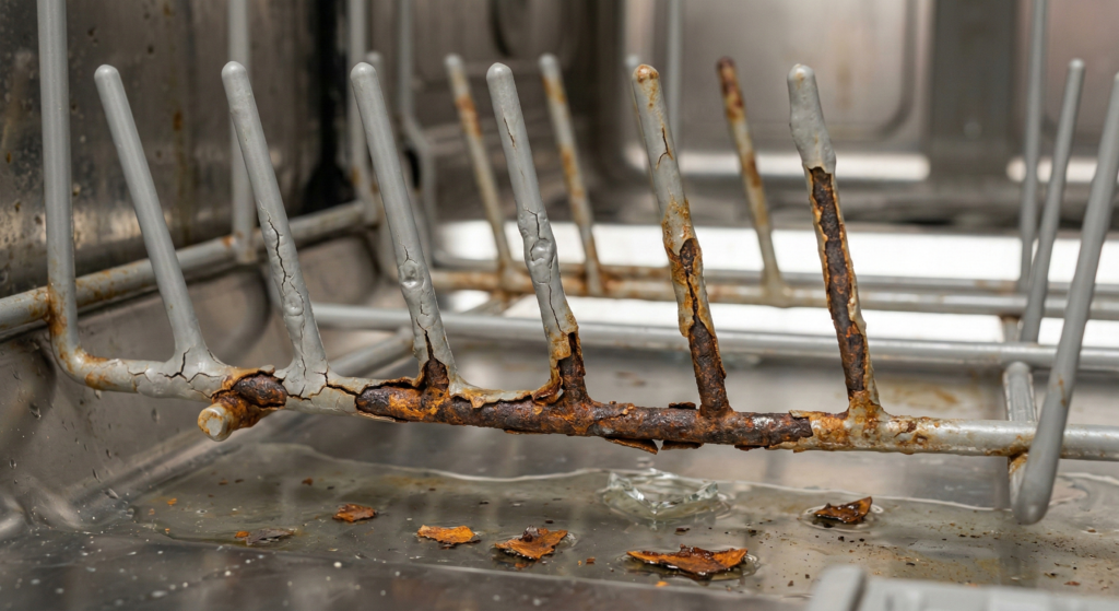 A close-up of a damaged, rusty dishwasher rack tine with peeling vinyl coating